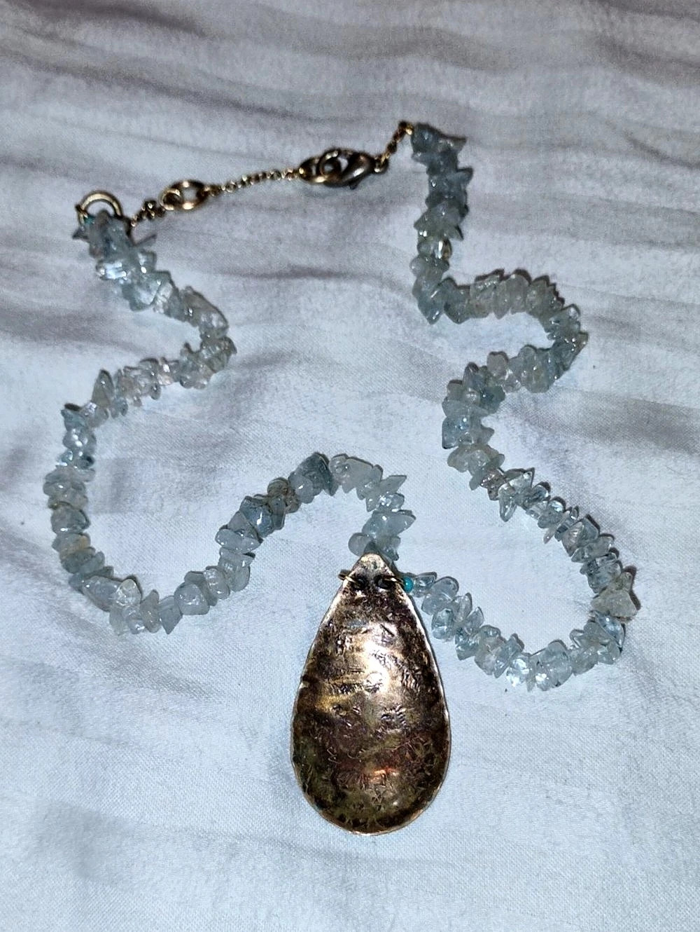 Blue Beaded Glass/Crystal  Necklace With Brass Pendant
